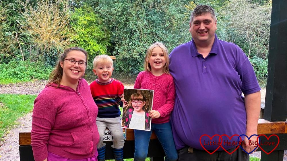 Me, Thomas, Sophie (holding a photo of Jessica) and my husband in front of the river at Denham Country Park
