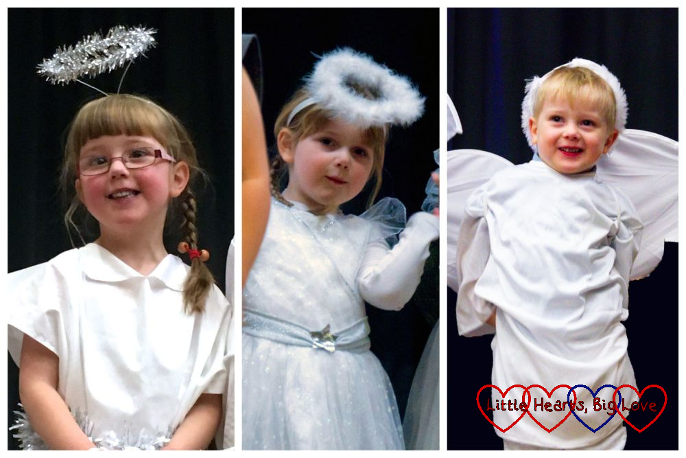 Jessica, Sophie and Thomas playing angels in their nativity plays