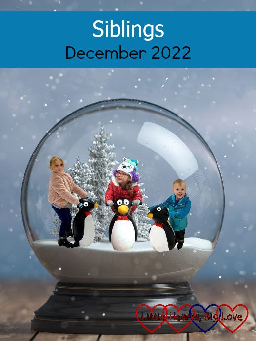 A Photoshopped picture of Jessica, Sophie and Thomas holding ice-skating penguins inside a snow globe - "Siblings - December 2022"