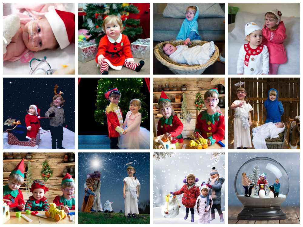A collage showing all the different Christmas card photos from over the year - 2011 - Jessica in hospital wearing a Santa hat; 2012 - Jessica wearing a Santa dress in front of the tree; 2013 - Jessica dressed as Mary with Sophie as baby Jesus in a basket full of hay; 2014 - Jessica in a hat and winter coat with Sophie dressed as a snowman; 2015 - Jessica dressed as Rudolph with Sophie dressed as Santa in a sleigh against a starry sky; 2016 - Sophie and Jessica dressed as the Nutcracker and the Sugar-plum Fairy in front of a Christmas tree; 2017 - Jessica and Sophie dressed as elves making toys in a wooden cabin; 2018 - Jessica as an angel with Sophie as Mary and Thomas as baby Jesus; 2019 - Jessica, Sophie and Thomas dressed as elves; 2020 - Jessica dressed as an angel with Sophie and Thomas dressed as shepherds against a starry sky; 2021 - Jessica and Sophie dressed in winter coat and hats with Thomas as a snowman against a snowy scene; 2022 - Jessica, Sophie and Thomas with ice-skating penguins inside a snow globe