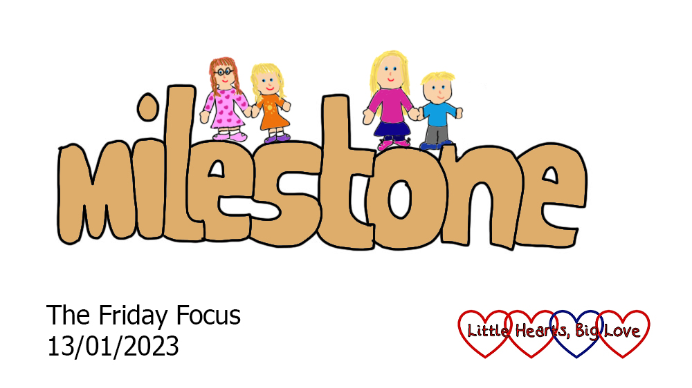 The word 'milestone' with a doodle of Jessica and Sophie holding hands above the 'es' and a doodle of Sophie and Thomas holding hands above the 'on'