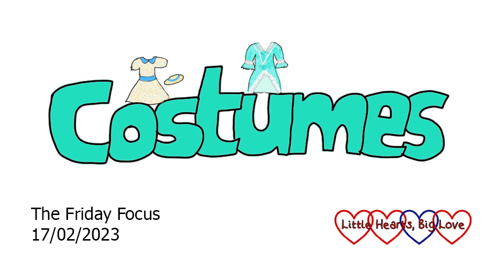 The word 'costume' in aqua writing with doodles of two dresses above the word