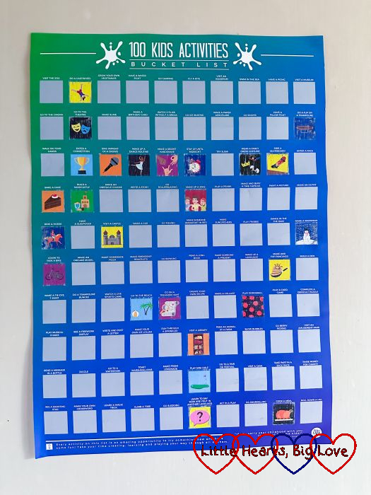 The 100 kids' activities poster with 25 activities scratched off