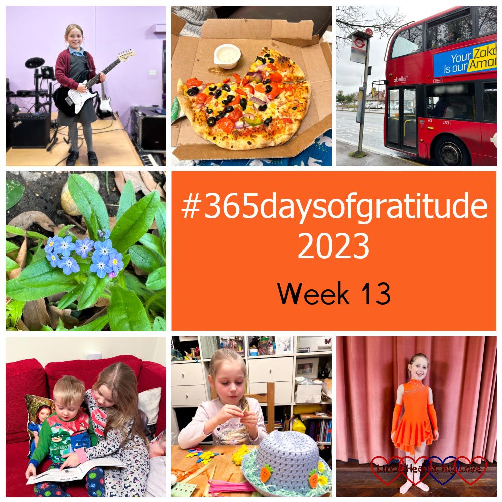 Sophie holding an electric guitar; vegetarian pizza; a bus; forget-me-nots; Sophie listening to Thomas read; Sophie decorating Easter bonnets; Sophie in her new orange tap costume - "#365daysofgratitude 2023 - Week 13"