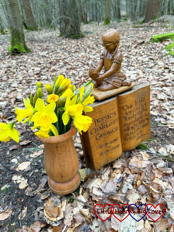 Jessica's memorial with a vase of daffodils