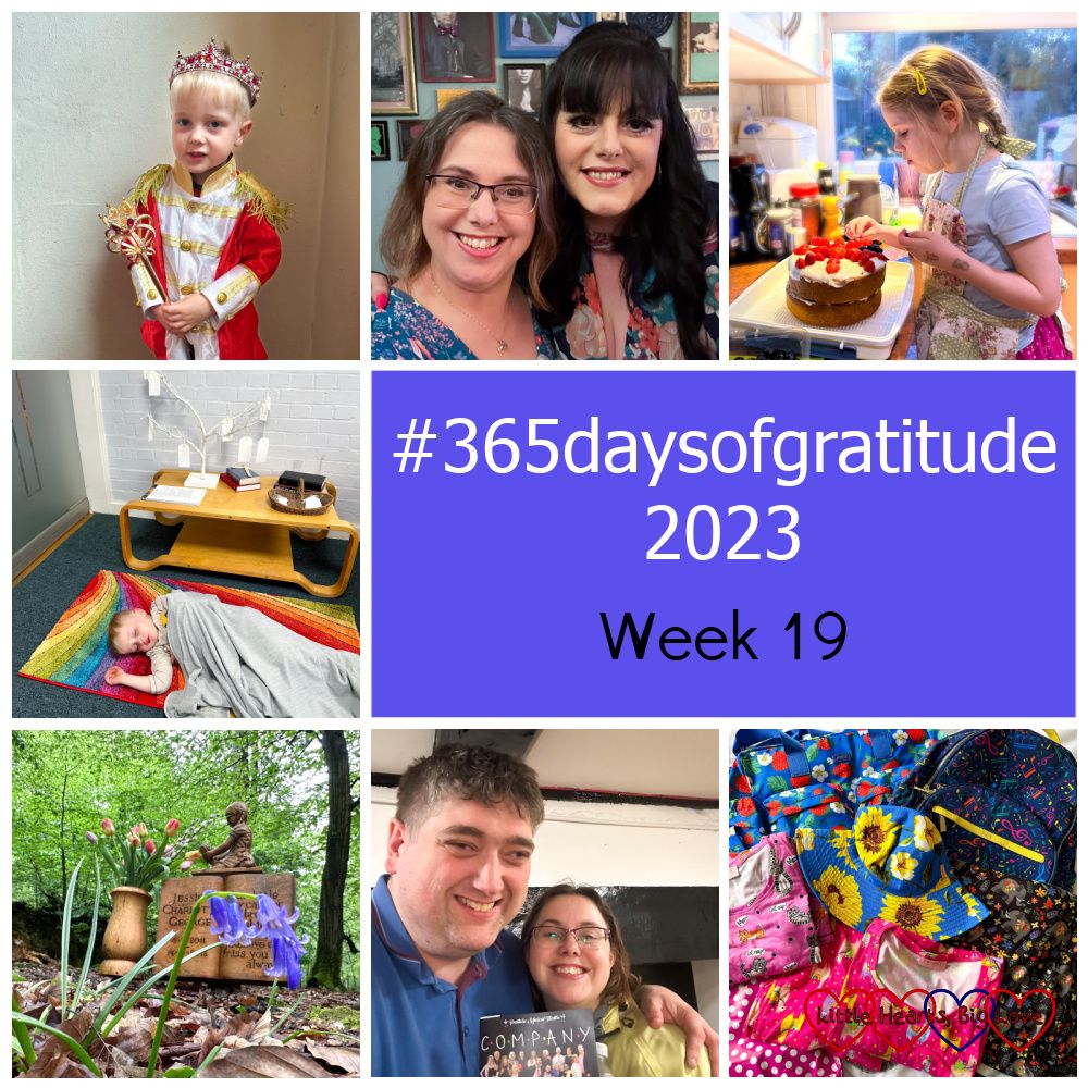 Thomas dressed as a prince; me and my twin sister; Sophie decorating her Coronation themed cake; Thomas asleep in the prayer corner at church; bluebells at Jessica's forever bed; me and hubby out on a date night; Popsy clothes and bags - "#365daysofgratitude 2023 - Week 19"