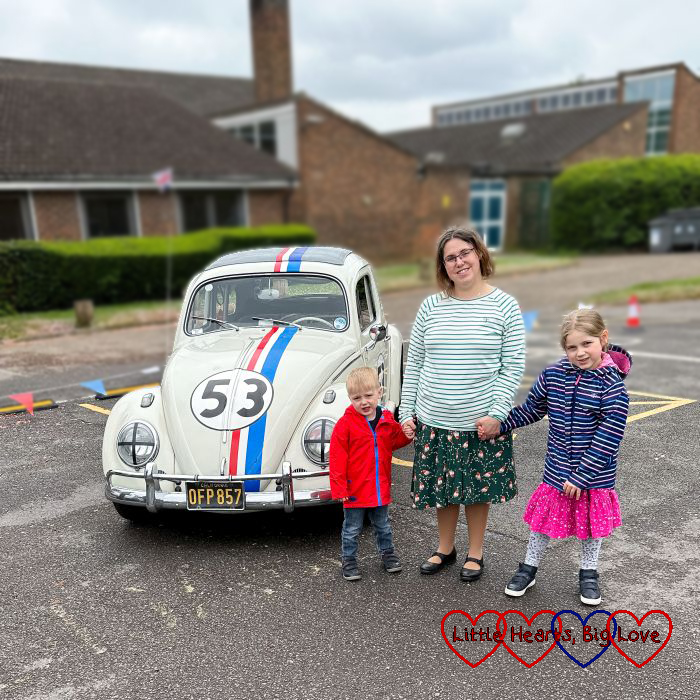 Me, Sophie and Thomas standing next to Herbie in a car park