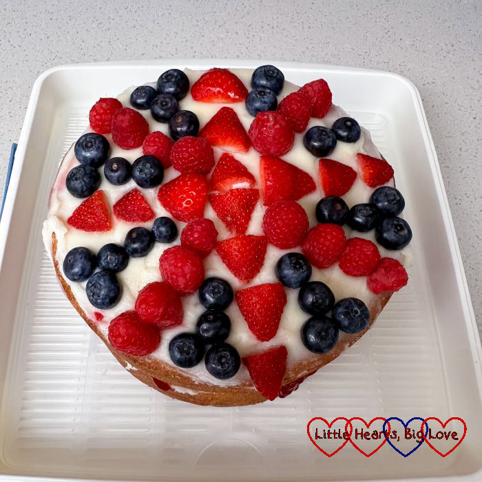 The Coronation cake that Sophie made with the Union Jack on top made from strawberries, raspberries and blueberries