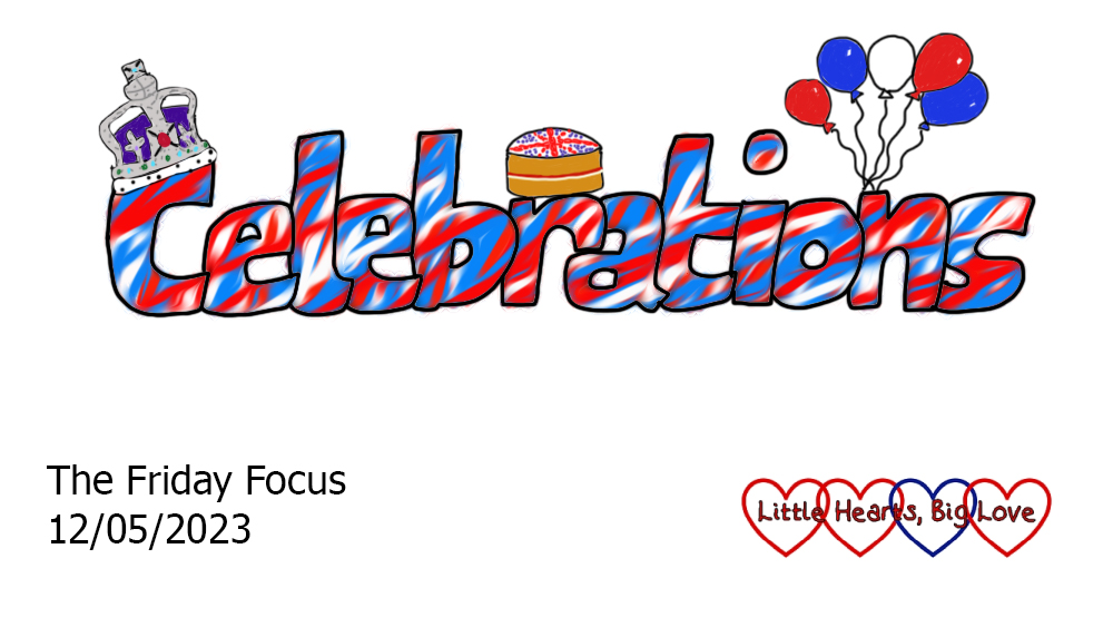 The word 'celebrations' in red, white and blue with a doodle of a crown on the 'c', a cake above the 'ra' and balloons over the 'n'