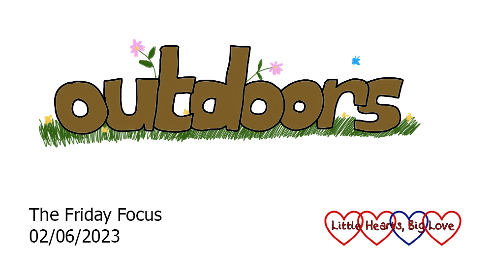 The word 'outdoors' in brown with grass doodled underneath and flowers and butterflies doodled around the letters