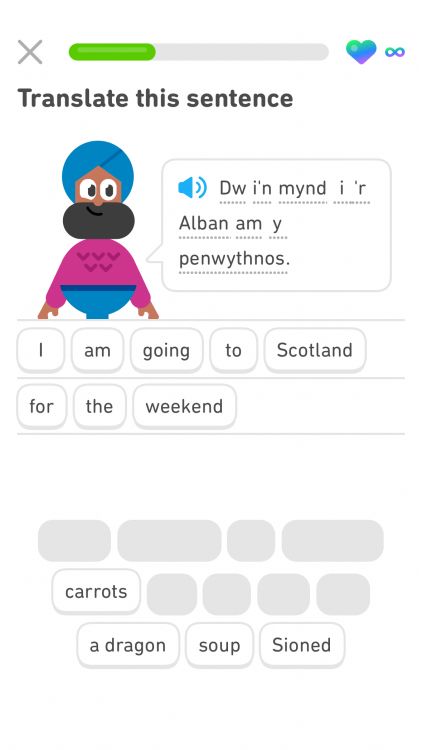 The sentence "Dw i'n mynd i'r Alban am y penwythnos." ("I am going to Scotland for the weekend" in Welsh)