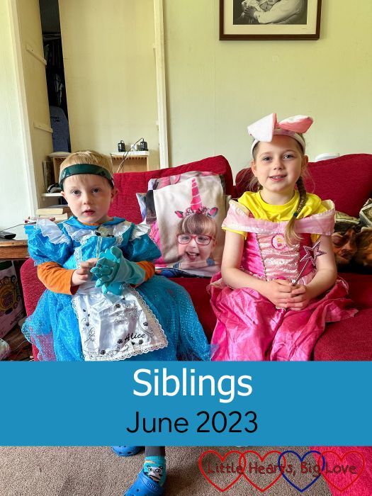 Sophie and Thomas wearing princess dresses with Jessica's photo blanket on the sofa between them - "Siblings - June 2023"