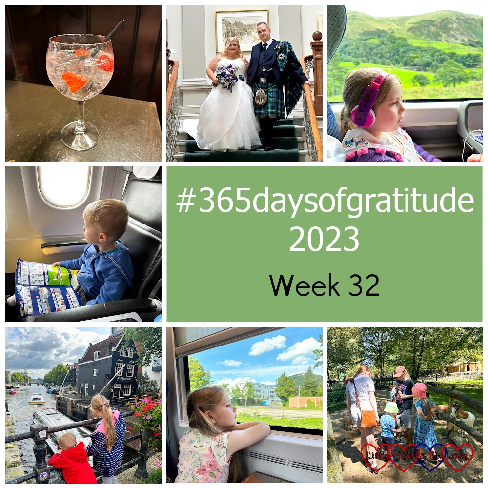 Gin and tonic in a glass; a bride and groom standing at the top of a staircase; Sophie watching something on a tablet on a train; Thomas looking out of the window on a plane; Sophie and Thomas looking at one of the canals in Amsterdam; Sophie looking out of the window on a train in Germany; Sophie and Thomas feeding goats with their cousins - "#365daysofgratitude 2023 - Week 32"