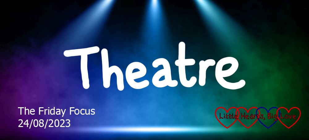 The word 'theatre' in white letters against a image of an empty stage with lights
