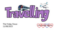 The word 'travelling' in purple with pictures of a train and plane above the word