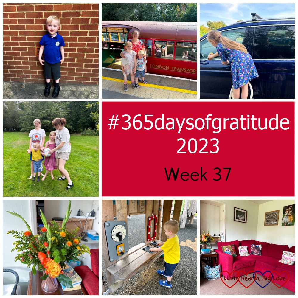 Thomas standing against a brick wall, wearing a royal blue polo shirt and grey shorts; me, Sophie and Thomas standing in front of a dark red 1938 stock tube train; Sophie washing the car; Sophie and Thomas with their cousins; yellow and orange flowers in a vase; Thomas playing in a wooden play house at the park; a red sofa in a living room - "#365daysofgratitude 2023 - Week 37"