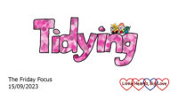 The word 'tidying' in shades of pink with a doodle of a basket of children's toys above the "ing"