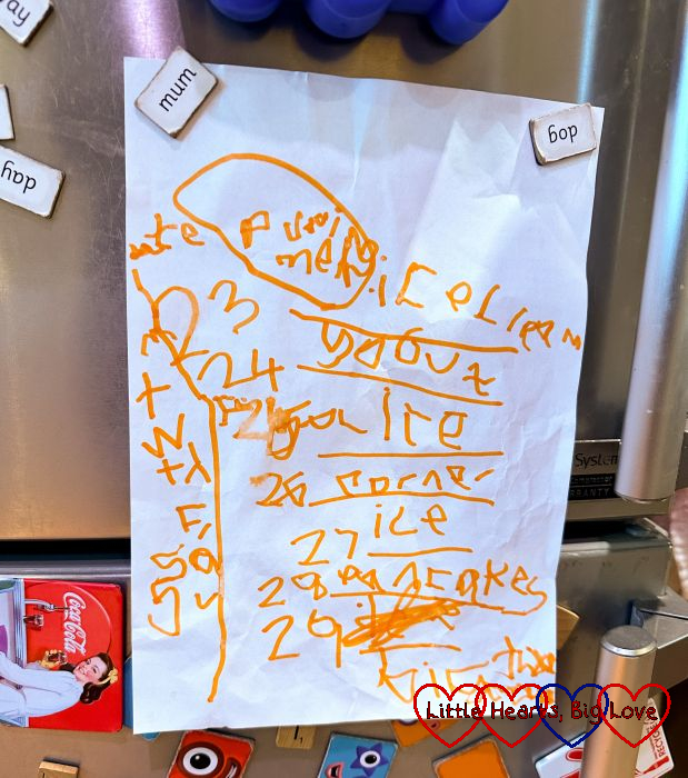 Thomas's "pudding meal plan" stuck to the fridge listing puddings such as 'yogurt', 'corner' (Muller corner), 'ice' (ice pop), 'pancakes' and 'birthday cake'