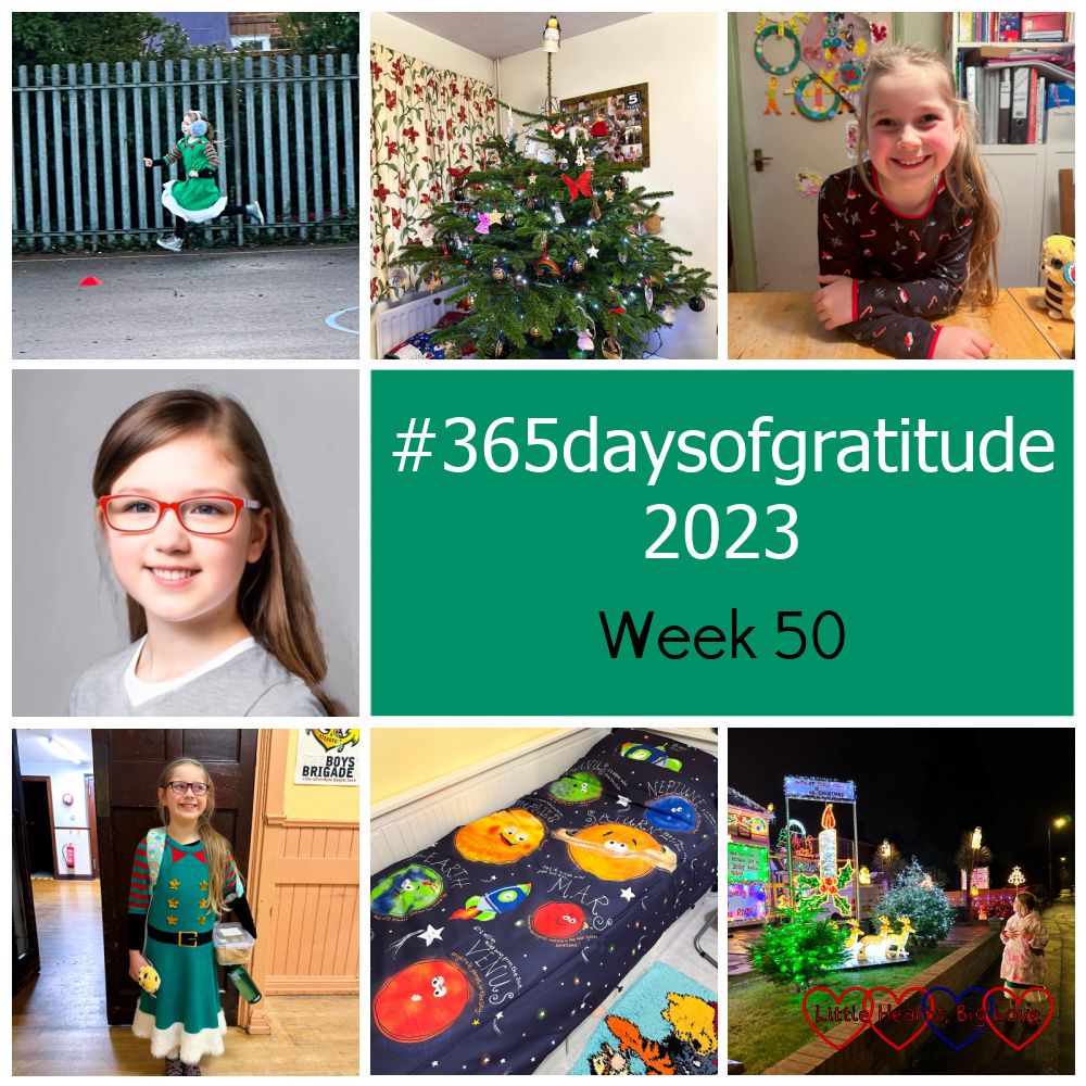 Sophie taking part in the Santa dash; our Christmas tree; Sophie wearing a Christmas dress; an AI-generated image of Jessica at 12; Sophie wearing a Christmas dress at her BYT party; Thomas's solar-system themed duvet cover; Sophie looking at a house covered in Christmas lights - "#365daysofgratitude 2023 - Week 50"