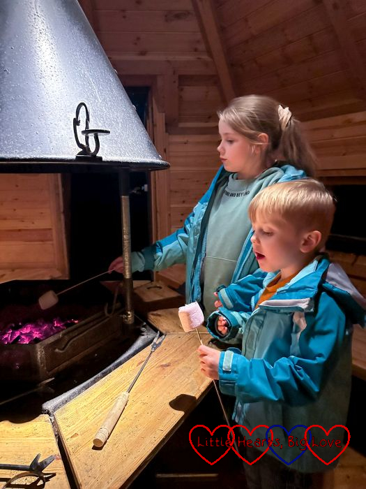 Sophie and Thomas toasting marshmallows over a firepit in a BBQ hut