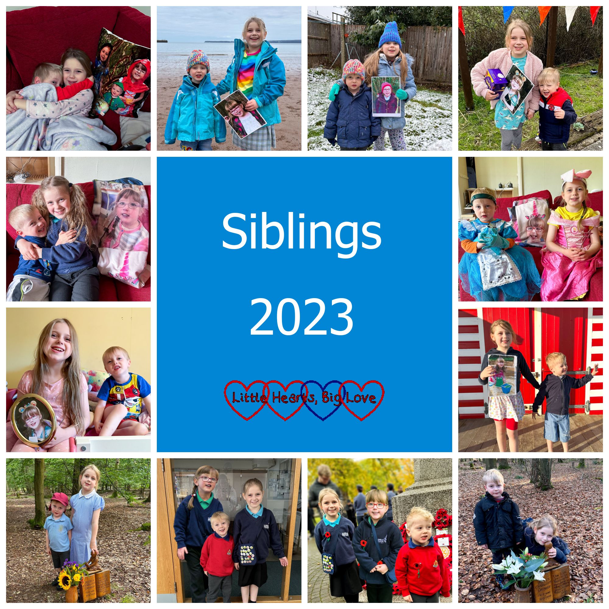 A selection of photos of Sophie, Thomas and Jessica together - one for each month of 2023. "Siblings 2023"