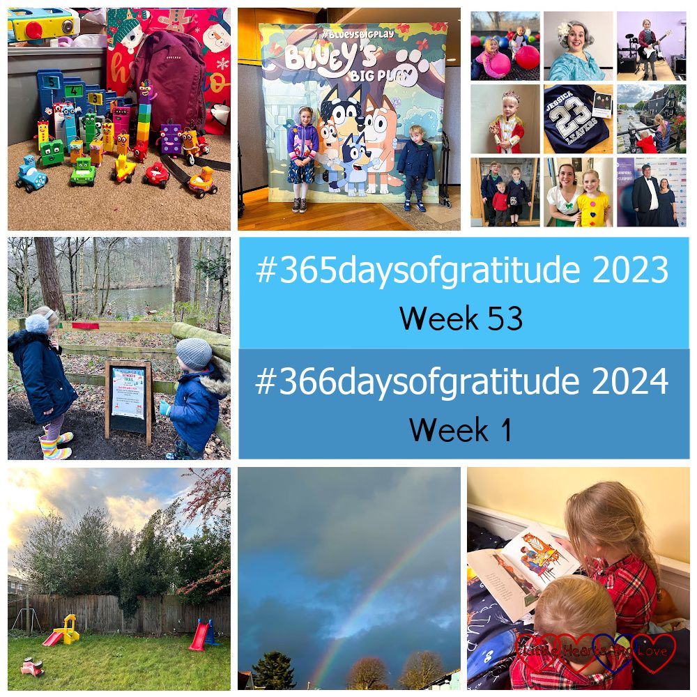 Thomas Numberblock figures in front of his rucksack; Sophie and Thomas in front of a Bluey's Big Play board; a selection of photos from my 2023 gratitude project; Sophie and Thomas looking at wooden reindeer at Black Park; looking out through my window at the garden; a rainbow against a cloudy sky; Sophie and Thomas sitting reading a bedtime story together - "#365daysofgratitude 2023 - Week 53 and #366daysofgratitude 2024 - Week 1"