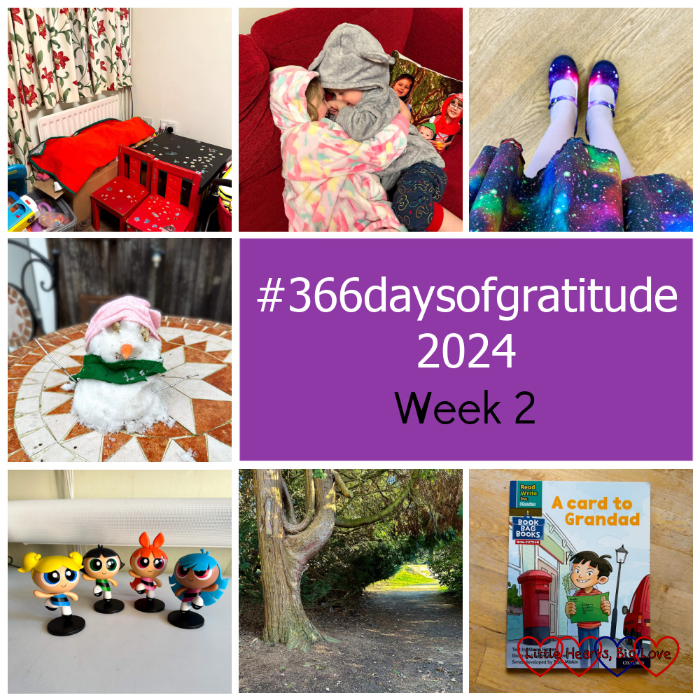 The corner of my lounge looking bare after the Christmas tree was taken down; Sophie and Thomas snuggling on the sofa; my new purple shoes; a mini snowman on a garden table; four Powerpuff Girls figures; a footpath through the woods; Thomas's new reading book - "#366daysofgratitude 2024 - Week 2"