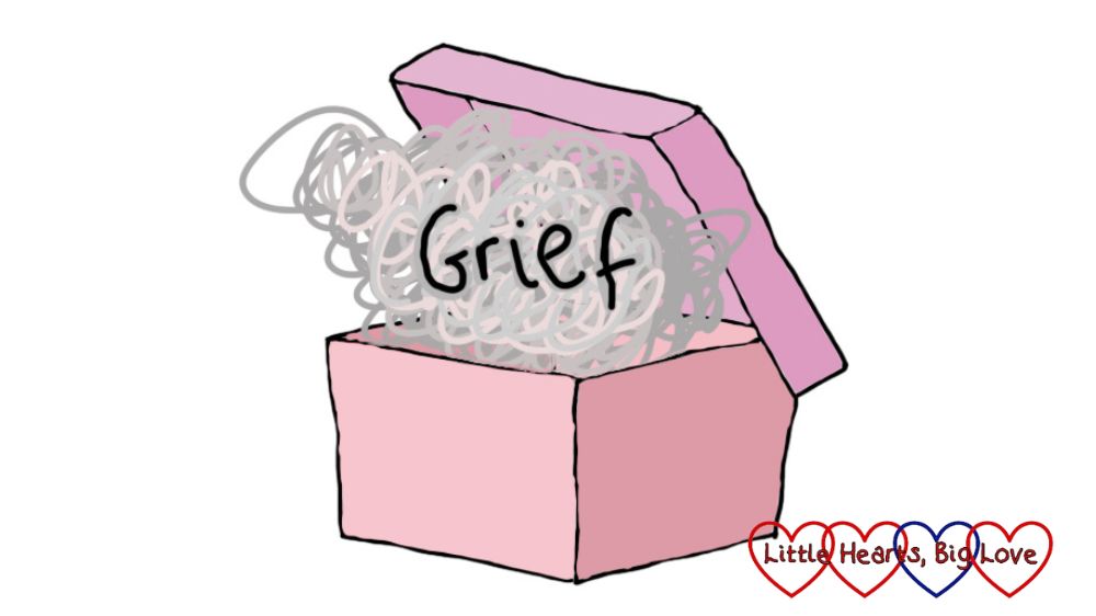 A drawing of a pink box filled with a cloud of grief.