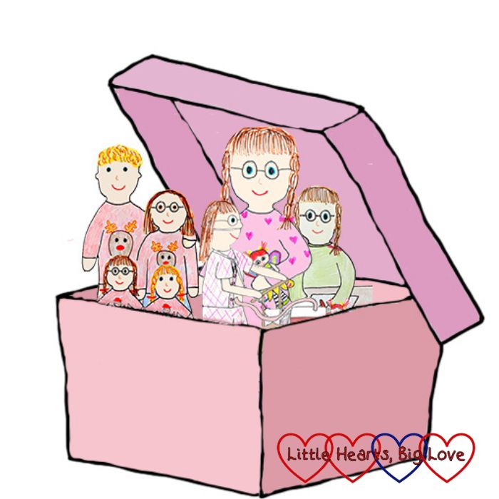 A drawing of a pink box filled with cartoon images of Jessica
