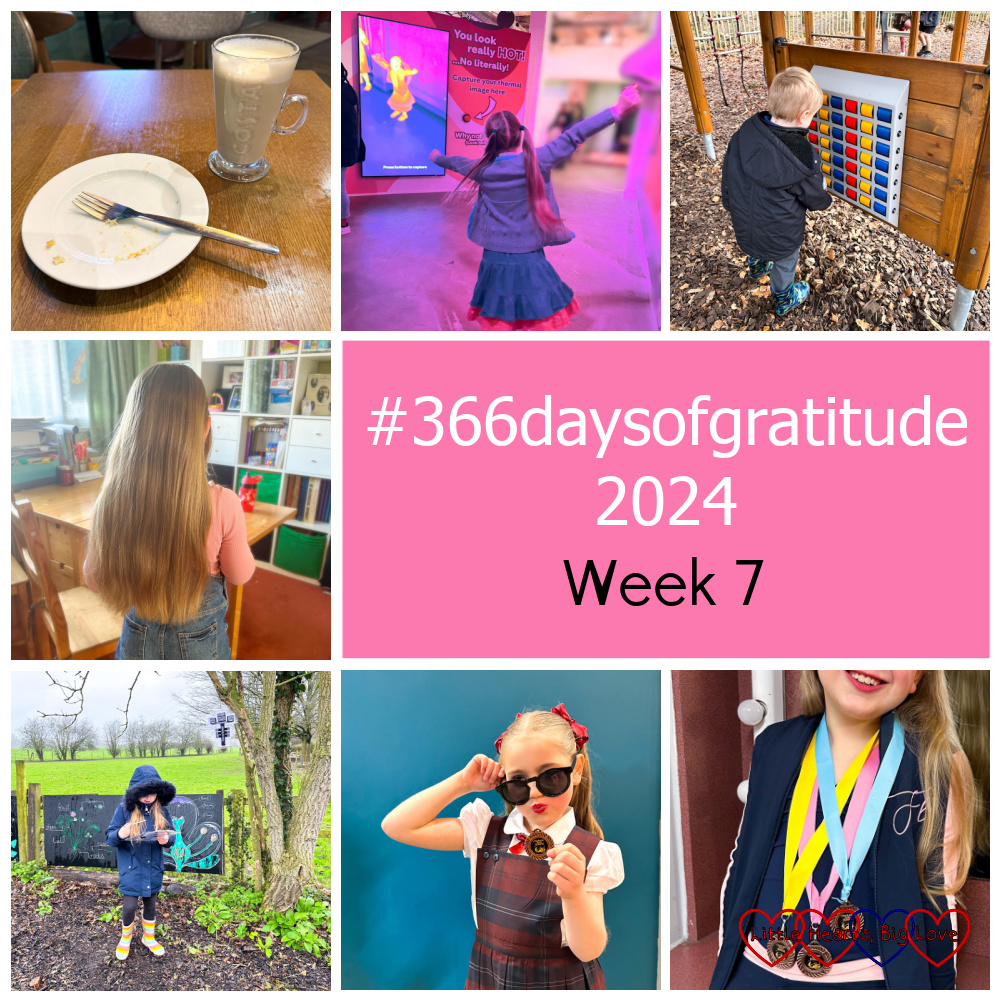 An empty plate next to a latte in a glass mug; Sophie dancing in front of a thermal-sensor image; Thomas playing with coloured discs at the park; Sophie's long hair after her haircut; Sophie writing on a clipboard in an allotment at Iver Environment Centre; Sophie wearing a tartan pinafore and sunglasses holding a bronze medal; Sophie's three bronze medals from the first of this week's dance festivals - "#366daysofgratitude 2024 - Week 7"