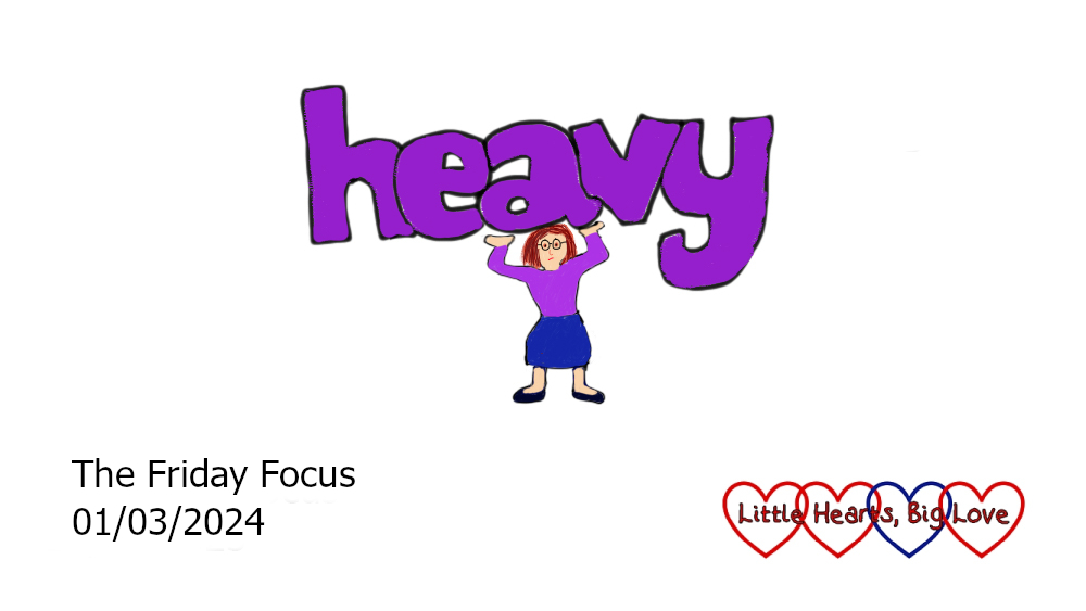 The word 'heavy' in purple bubble writing with a cartoon of me holding the word up