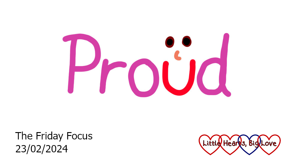 The word 'proud' in purple writing with the 'u' drawn as a smile with eyes and nose above it.