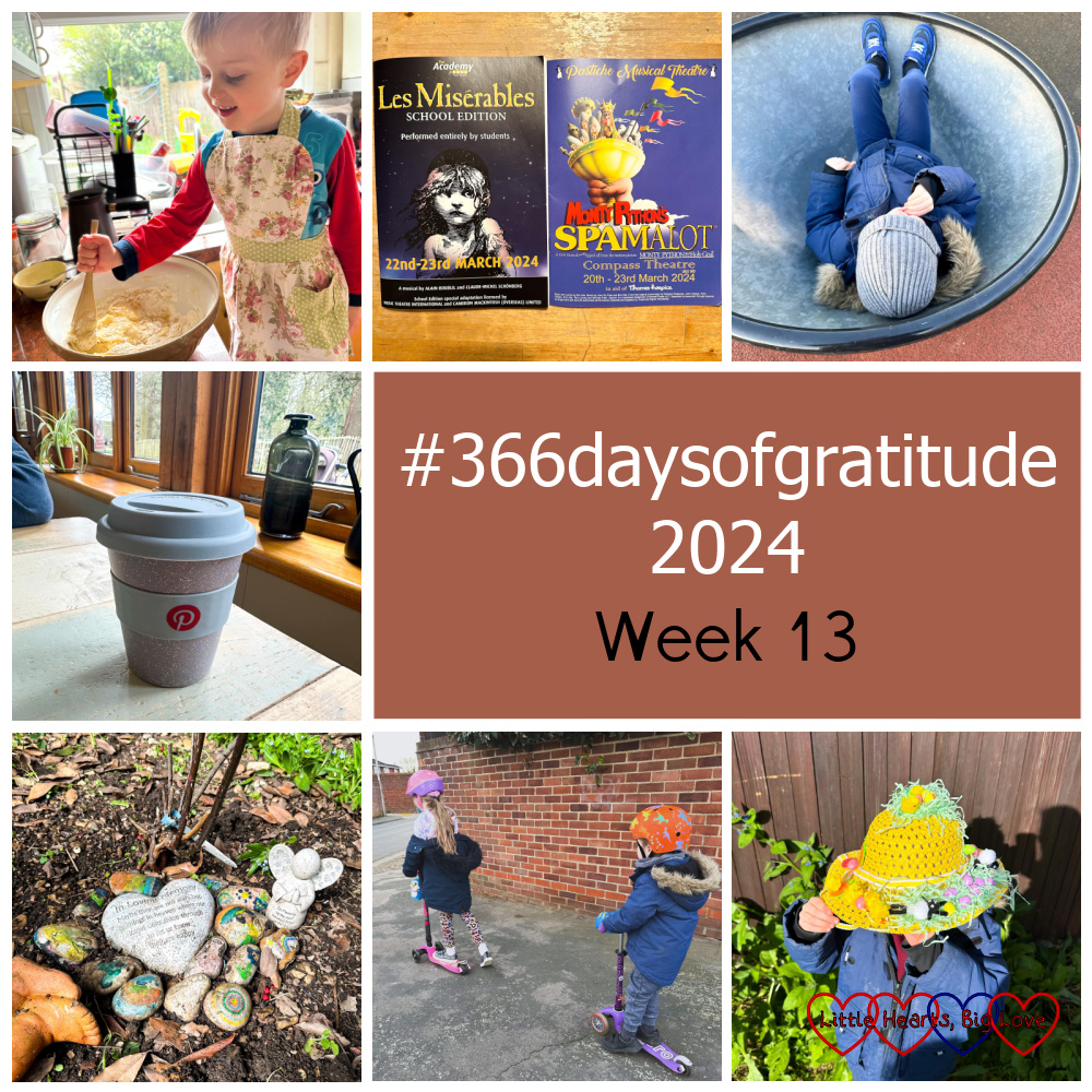 Thomas stirring cake batter in a mixing bowl; theatre programmes for 'Les Miserables Schools Edition' and 'Spamalot'; Thomas in the spinning bowl at the park; a travel mug on a wooden table; the painted stones around Jessica's roses in the garden; Sophie and Thomas riding their scooters; Thomas wearing his Easter bonnet - "366daysofgratitude 2024 - Week 13"