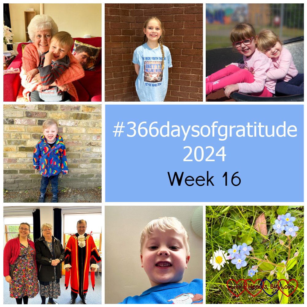 My mum cuddling Thomas; Sophie wearing her Betty Blue Eyes T-shirt; Jessica at the park with Sophie cuddling her; Thomas standing against a brick wall; me with my mother-in-law and the Mayor; a selfie of Thomas; forget-me-nots in the garden - "#366daysofgratitude 2024 - Week 16"