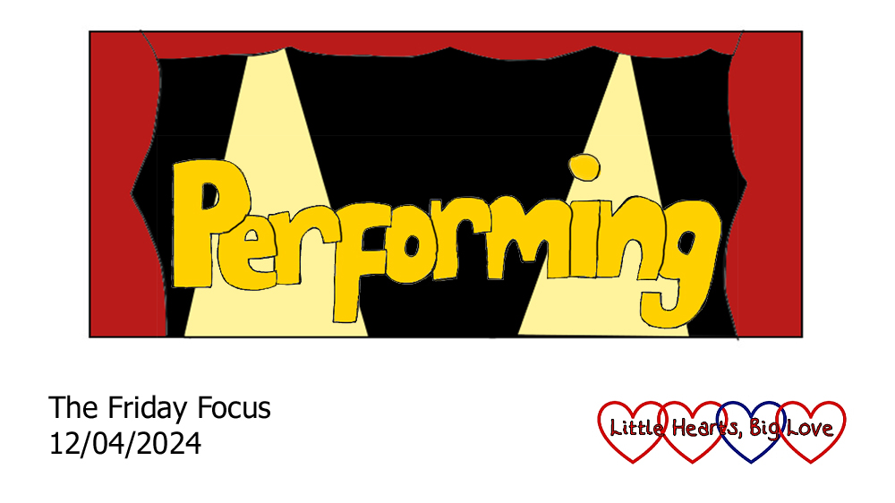 The word 'performing' drawn in bubble letters against a drawing of a stage with red curtains and yellow lights
