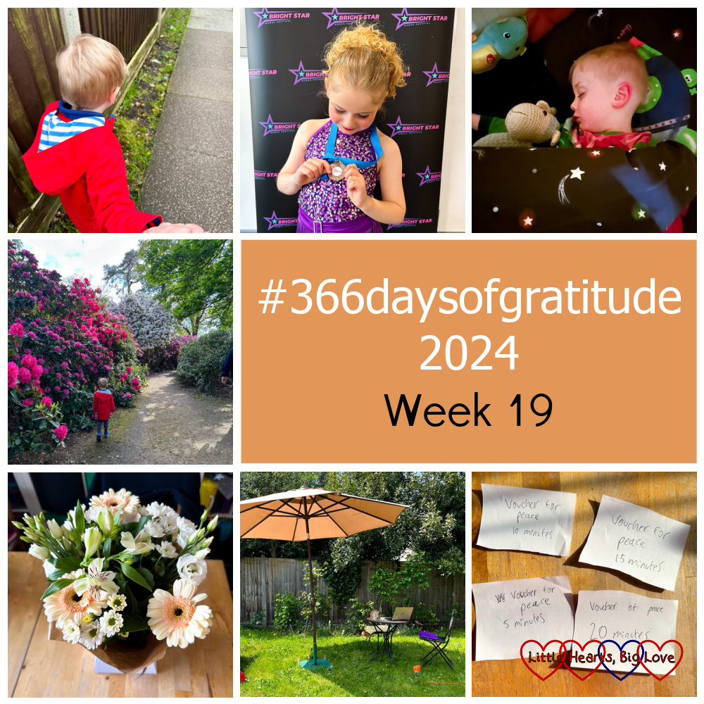 Thomas holding my hand while out on a walk; Sophie wearing a purple dance outfit looking down at a bronze medal; a sleeping Thomas cuddled up to his toy sheep; Thomas walking along a footpath with rhododendron bushes on either side; a vase of flowers; a table and chair under a parasol in the garden; four paper vouchers for 5, 10, 15 and 20 minutes of peace - "#366daysofgratitude 2024 - Week 19"