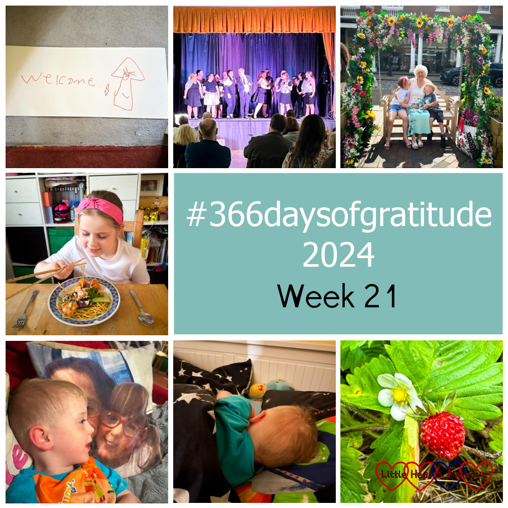 A welcome mat made by Thomas; the opening number of the concert; my mum sitting on a bench with Sophie and Thomas under a flowery arch; Sophie eating chicken chow mein; Thomas sitting on the sofa next to Jessica's photo cushion; a sleeping Thomas in his bed; a wild strawberry next to a strawberry blossom - "#366daysofgratitude 2024 - Week 21"