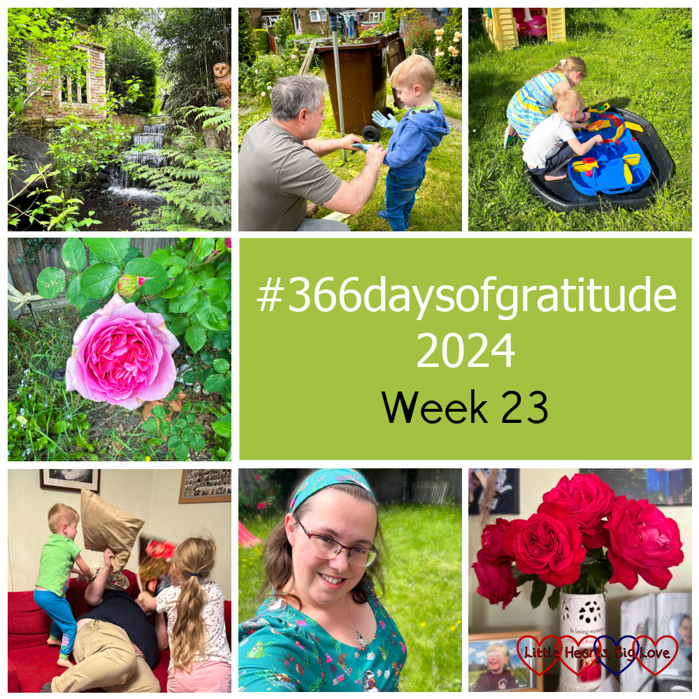 An owl sculpture next to a small waterfall; my brother helping Thomas put gardening gloves on; Sophie and Thomas playing with an aquabox water toy in the garden; a pink 'Pretty Jessica' rose; Sophie and Thomas having a pillow fight with Daddy; me wearing a 'Wind in the Willows' print dress; big red roses in a white vase - "#366daysofgratitude 2024 - Week 23"