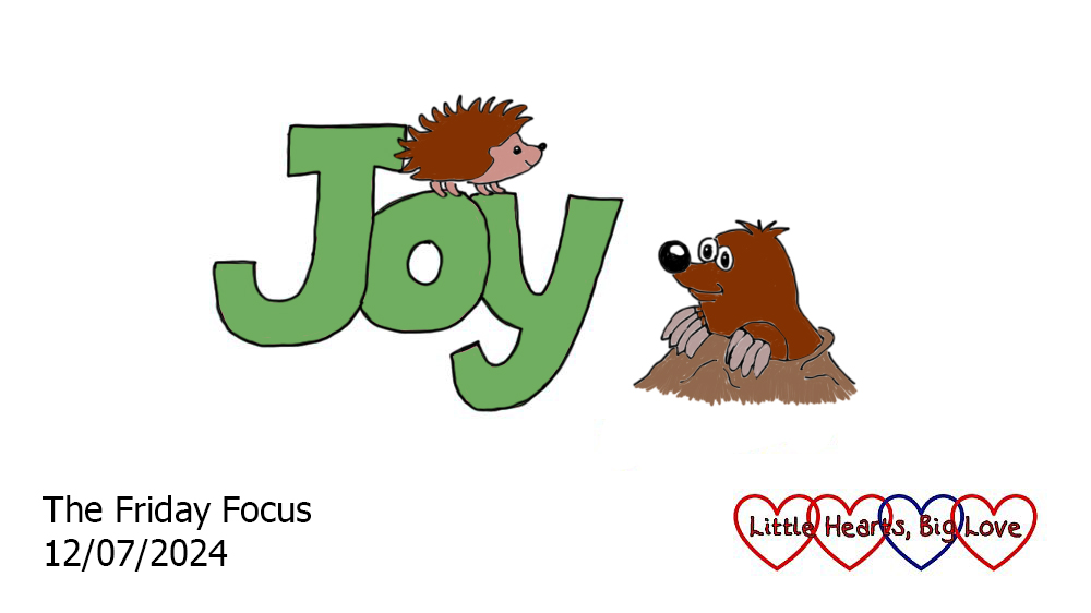 The word 'Joy' in green bubble writing with a doodle of a hedgehog above the 'o' and a doodle of a mole next to the word.
