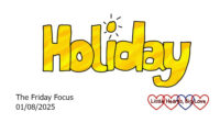 The word 'holiday' in yellow bubble writing with a sun over the 'i'