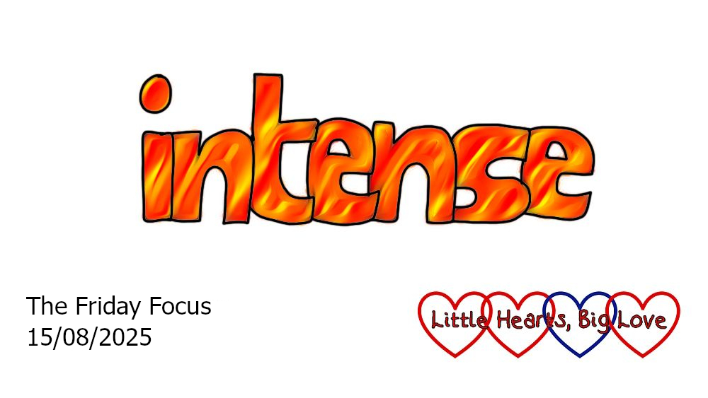 The word 'intense' in red and yellow bubble writing