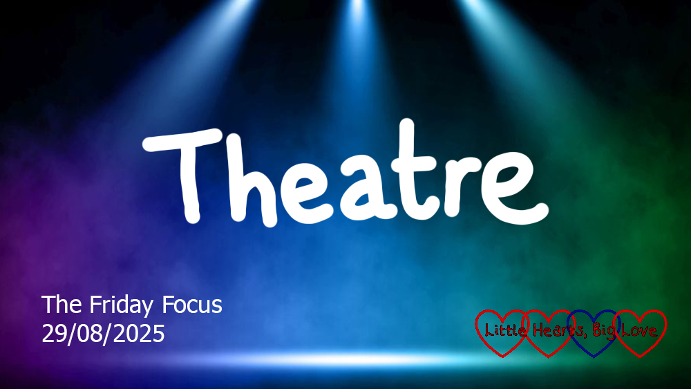 The word 'theatre' in white writing on a background of a theatre stage with lights