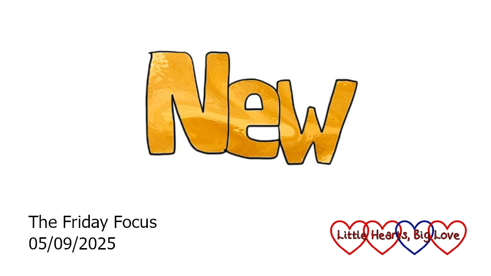 The word 'new' in gold bubble writing