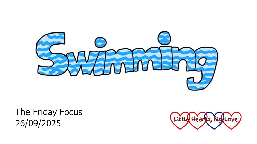 The word swimming in blue bubble writing with wavy lines