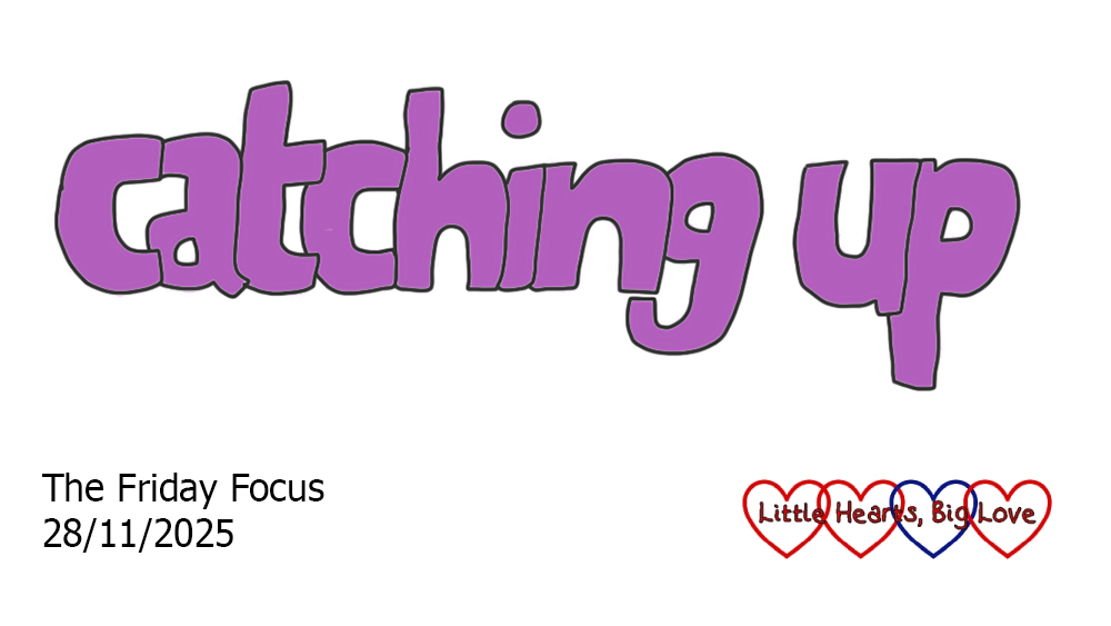 The words 'catching up' in purple bubble writing