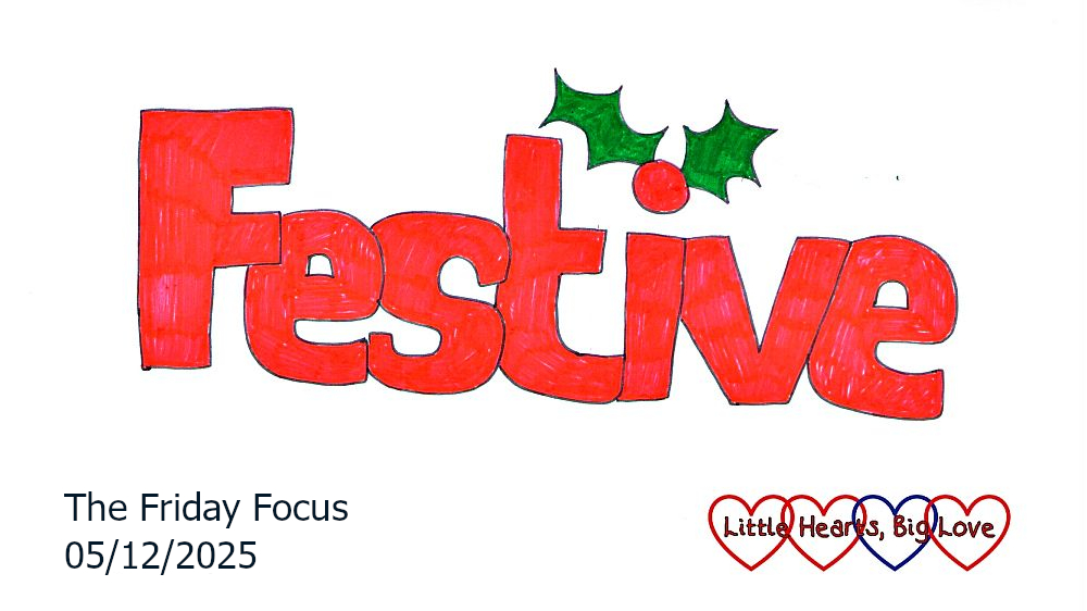 The word 'festive' in red bubble writing with holly leaves over the dot of the 'i'