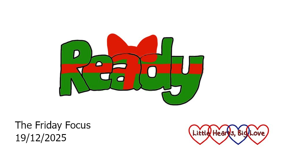 The word 'ready' in green bubble writing drawn as a present with a red ribbon and bow on top