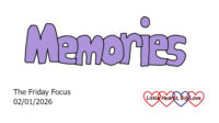 The word 'memories' in lilac bubble writing