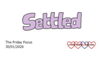 The word 'settled' in lilac bubble writing