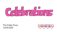 The word 'celebrations' in pink bubble writing
